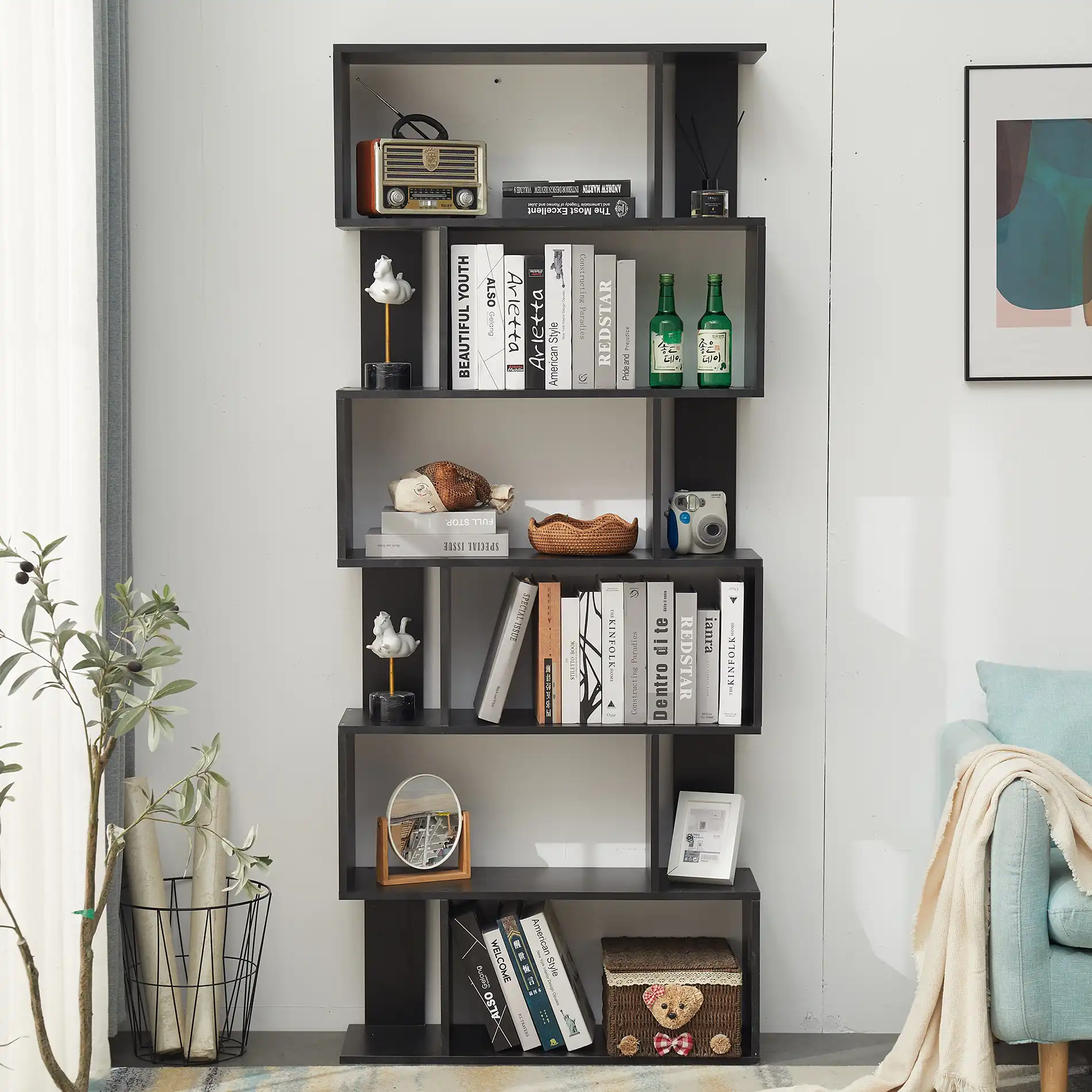 Anemone - Libreria moderna nera con 6 ripiani a scaffale - Image 2