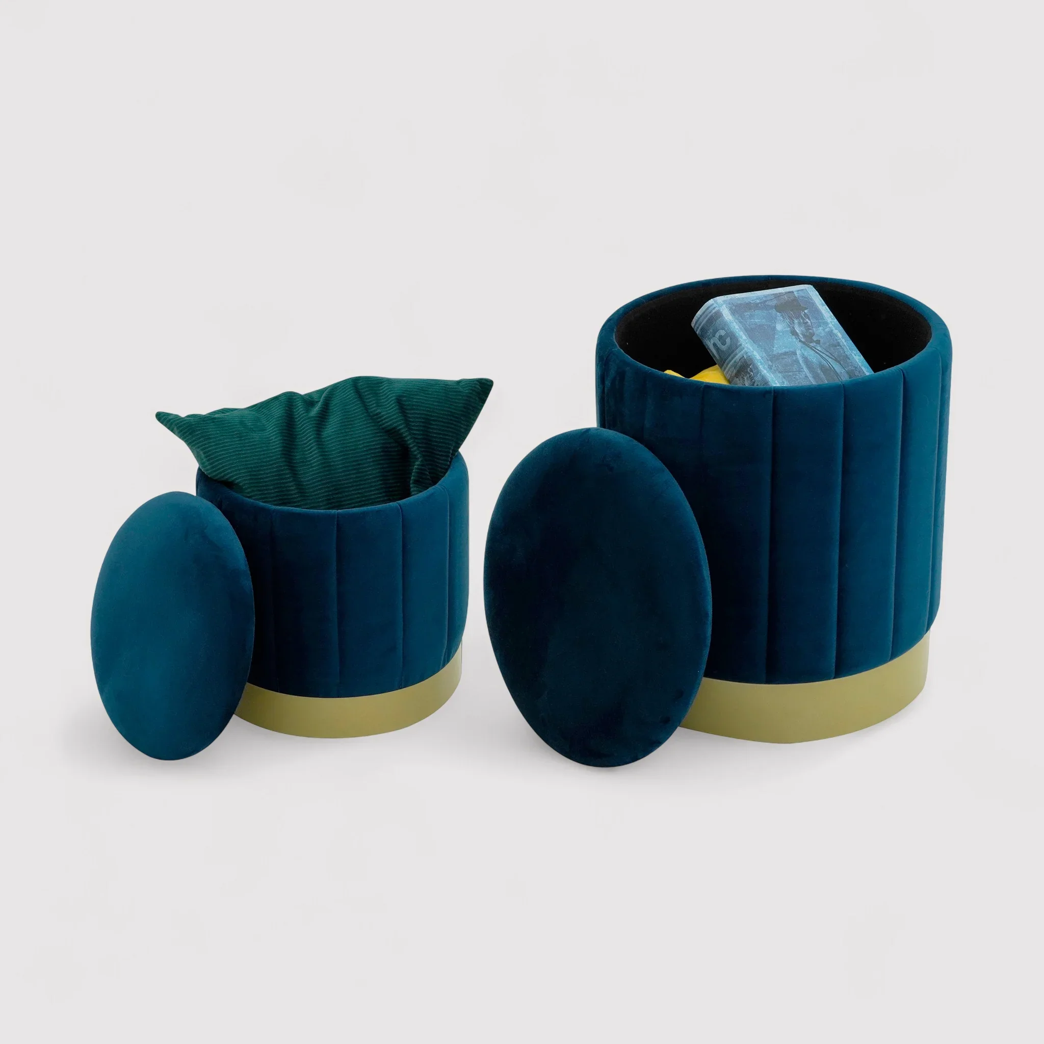 Cedrela - Set di 2 pouf poggiapiedi blu petrolio con contenitore - Image 8
