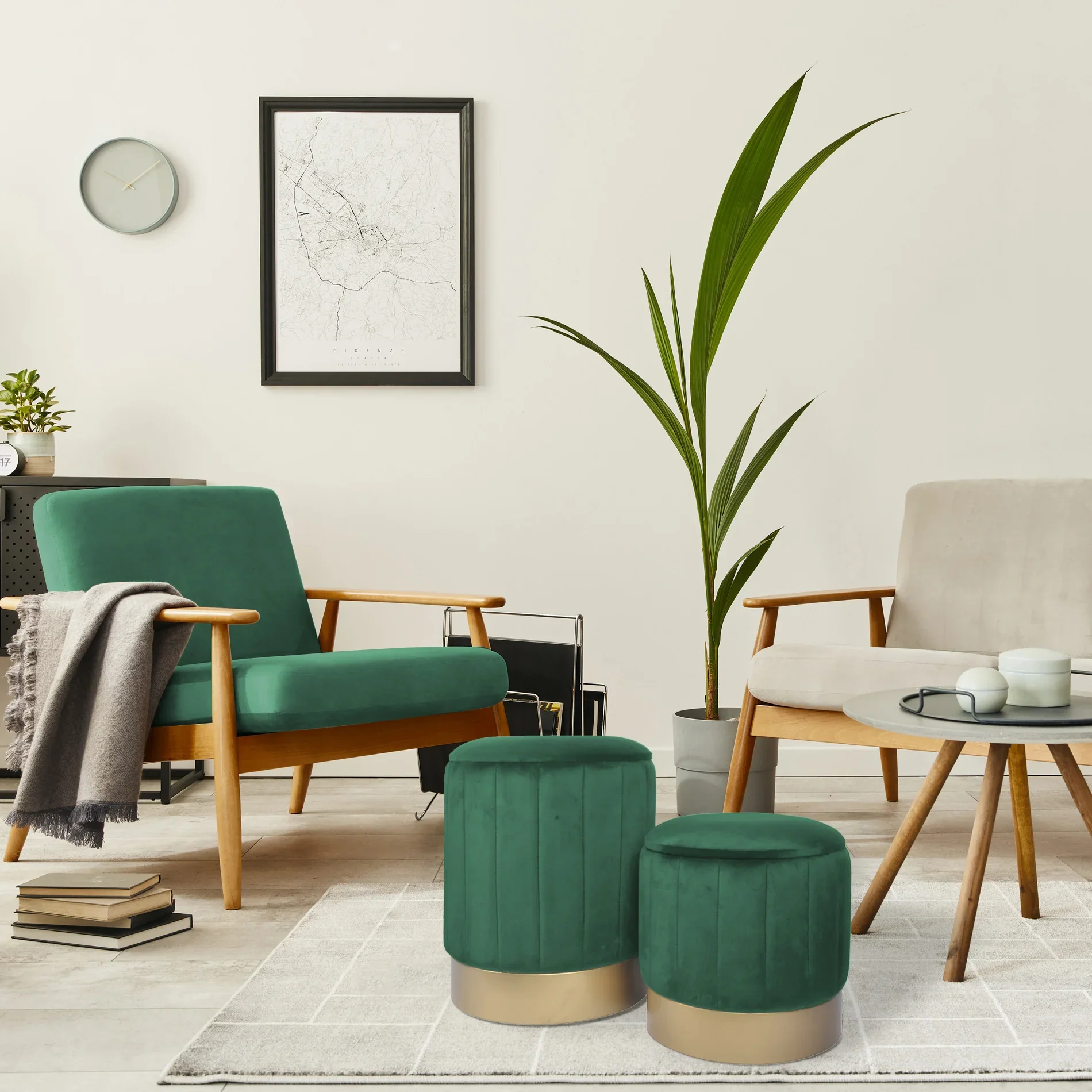 Giunco - Set di 2 pouf in velluto verdi con contenitore - Image 2