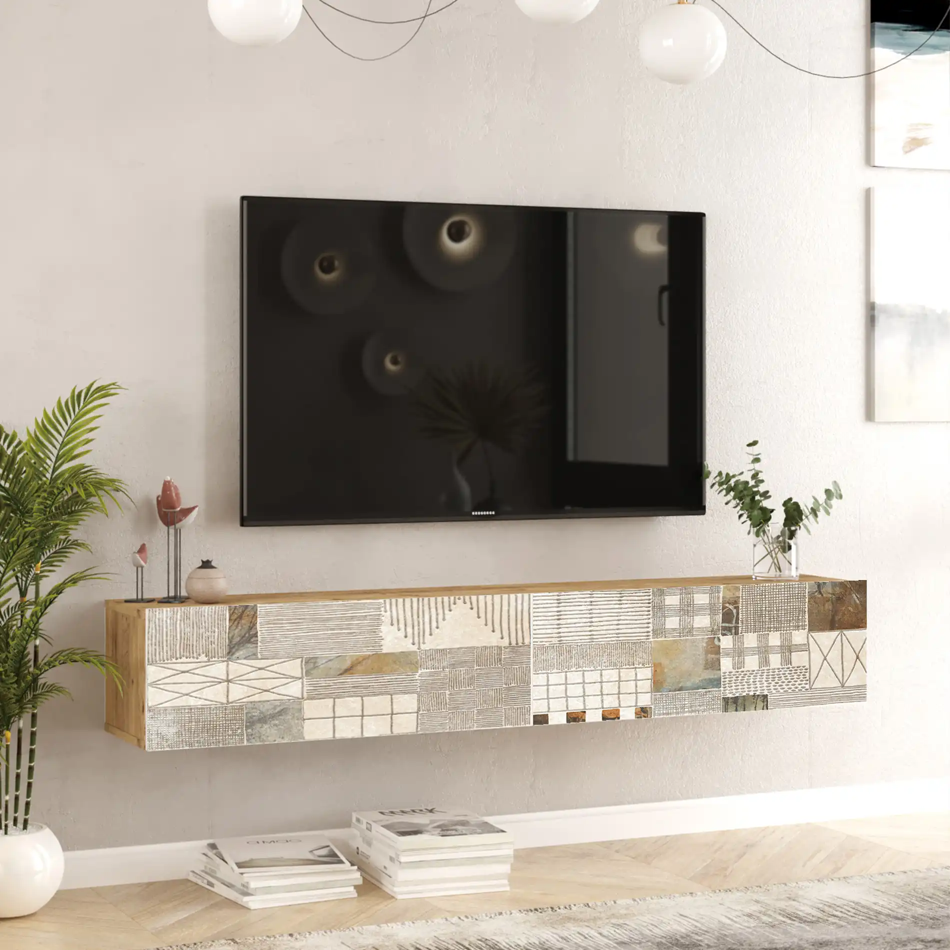 Kasuri - Mobile TV sospeso moderno con 2 ante decorate - Image 3