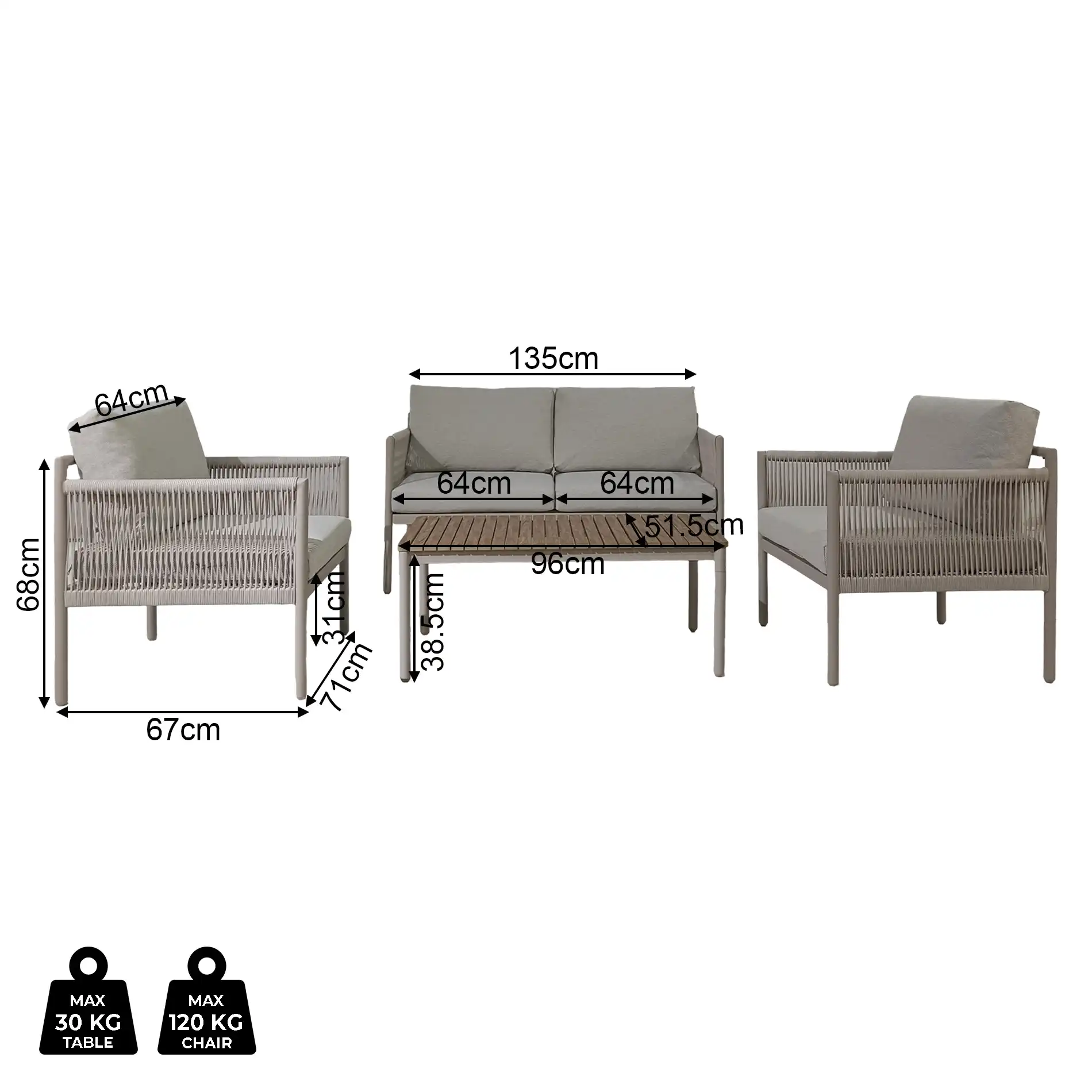 Makopa - Set da esterno grigio chiaro con 3 poltrone e un tavolino - Image 9