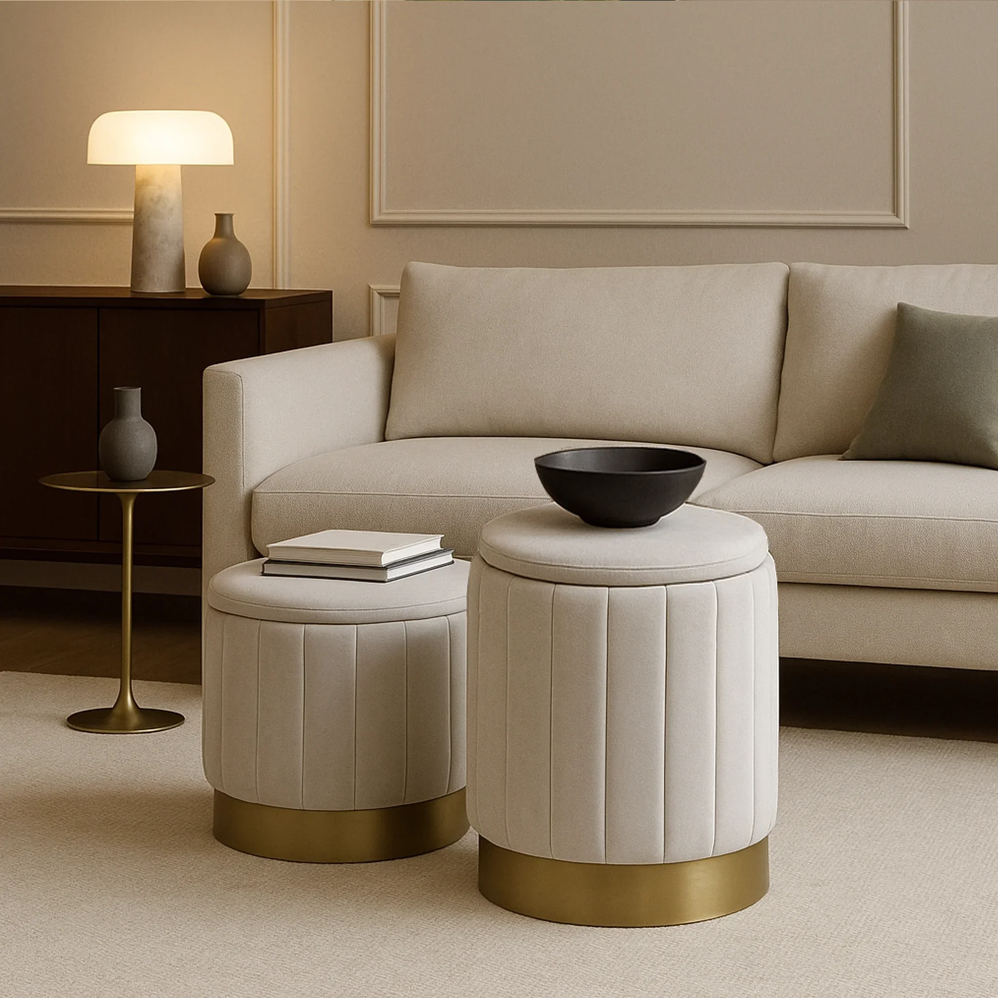 Okome - Set di 2 pouf sgabelli bianchi con contenitore - Image 2