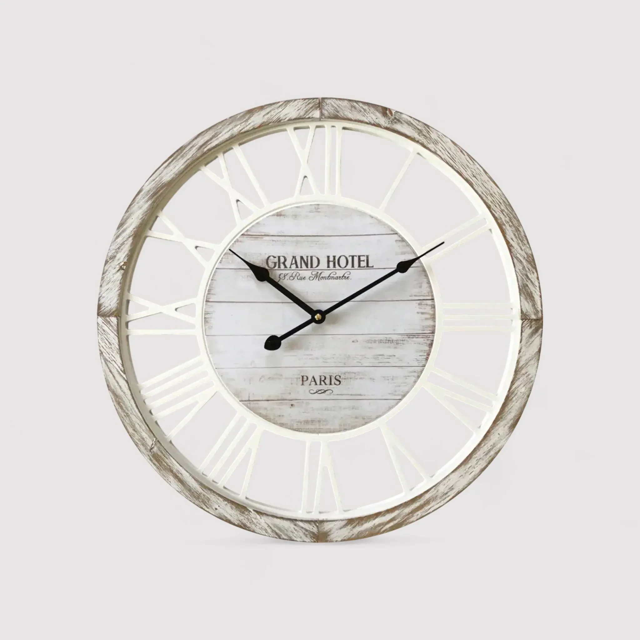 Raffia - Orologio da parete shabby in legno bianco e marrone