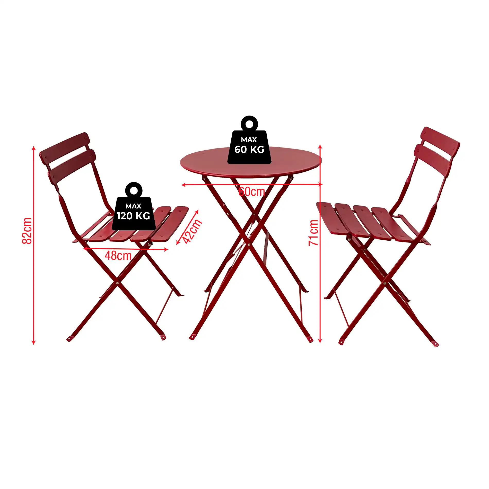 Seyal - Set bistrot rosso da esterno con tavolino e 2 sedie pieghevoli - Image 6